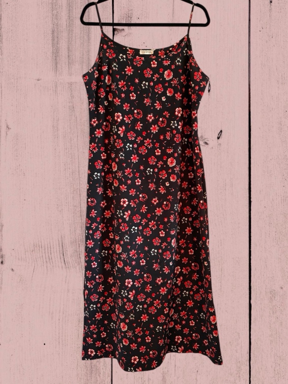 Vintage Black Maxi Dress with Red Floral Print